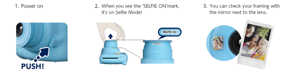 [image] Press power button on side of lens, twist lens to turn Selfie Mode on, and use small mirror next to lens to check framing of photo